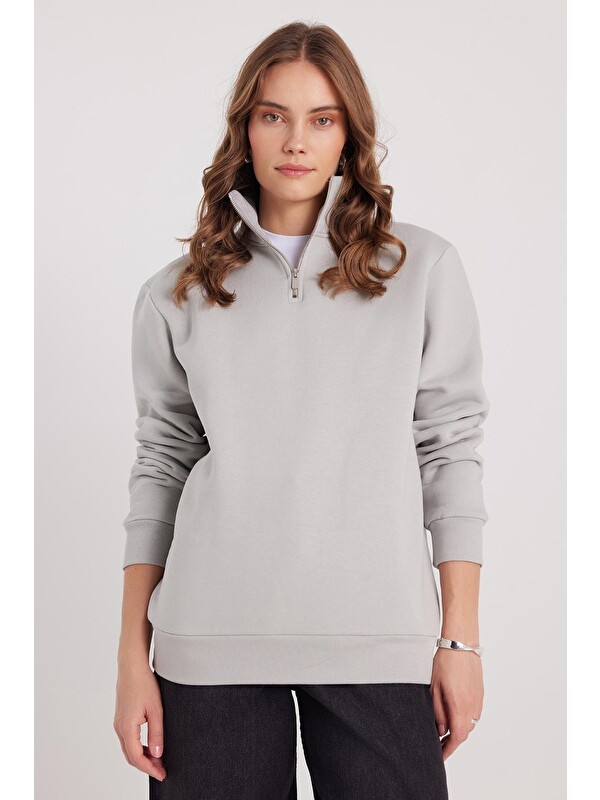 TUDORS Kadın Relax Fit Rahat Kesim Pamuklu İçi Polarlı Yarım Fermuarlı Taş Renk Dik Yaka Sweatshirt