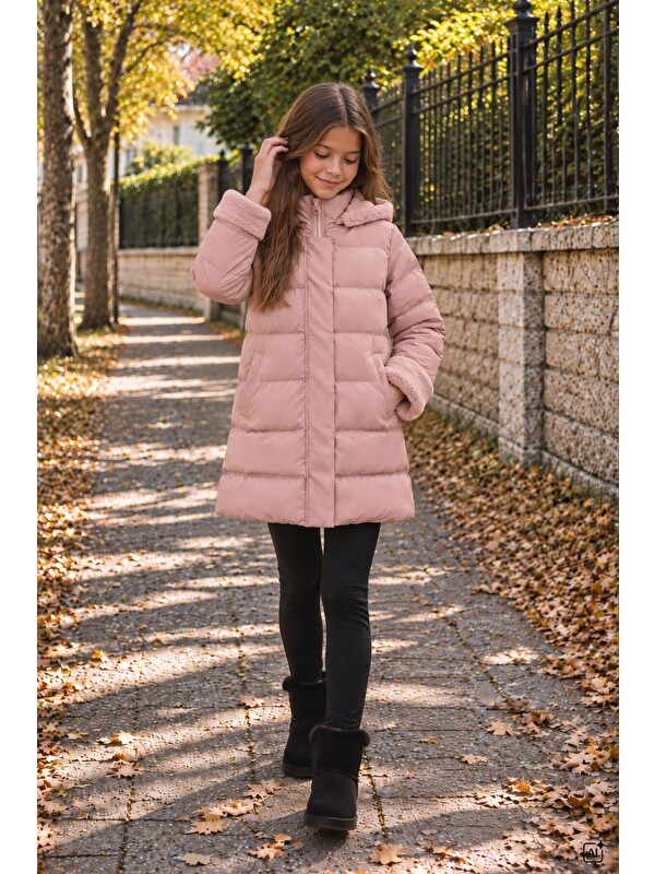Cansın Mini Pembe Kız Çocuk Kolu Kürk Detaylı Çıkarılabilir Kapüşonlu İçi Astarlı Şişme Mont 24873