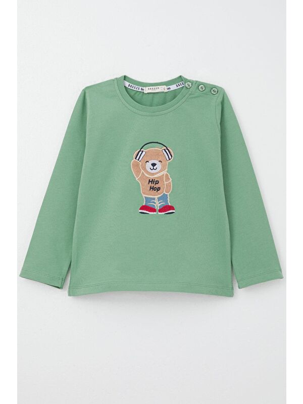 Breeze Erkek Bebek Uzun Kollu Tişört Hip Hop Ayıcık Nakışlı Mint Yeşili (9 Ay-3 Yaş)