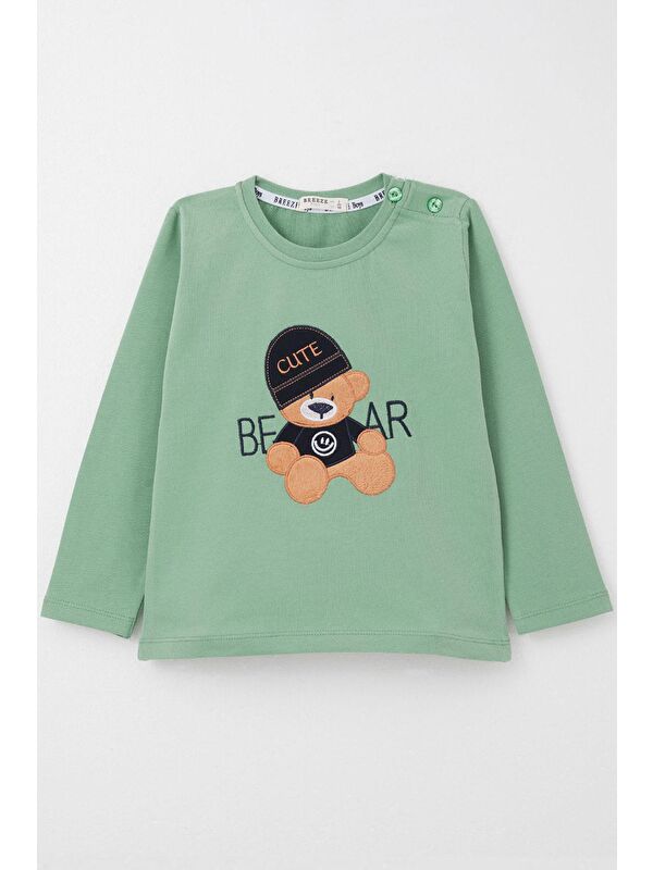Breeze Erkek Bebek Uzun Kollu Tişört Havalı Ayıcık Nakışlı Mint Yeşili (9 Ay-3 Yaş)
