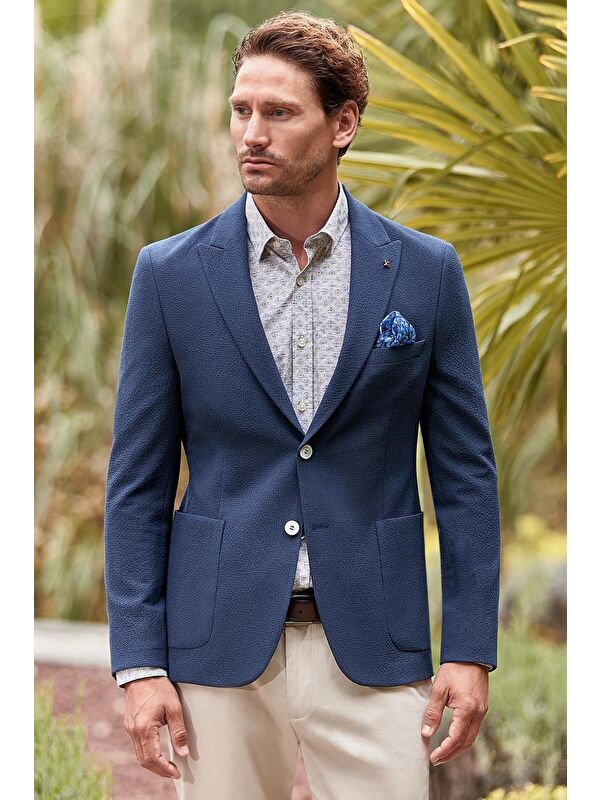 İMZA Koyu Lacivert Desenli Kırlangıç Yaka Elastanlı 6 Drop Slim Fit Dar Kesim Casual Ceket 1002240155