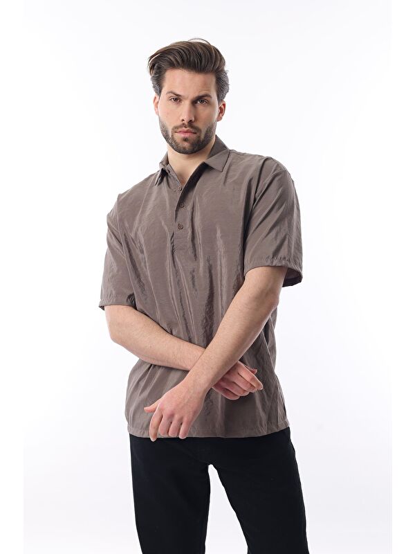 Madmext Kahverengi Oversize Rahat Kesim Kısa Kollu Gömlek 6744