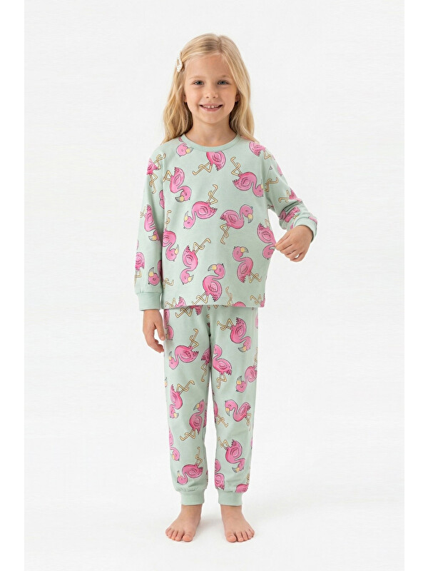 Modanino Kız Çocuk %100 Pamuk ve Filamingo Desenli Pijama Takımı 3-8 Yaş 12744IS