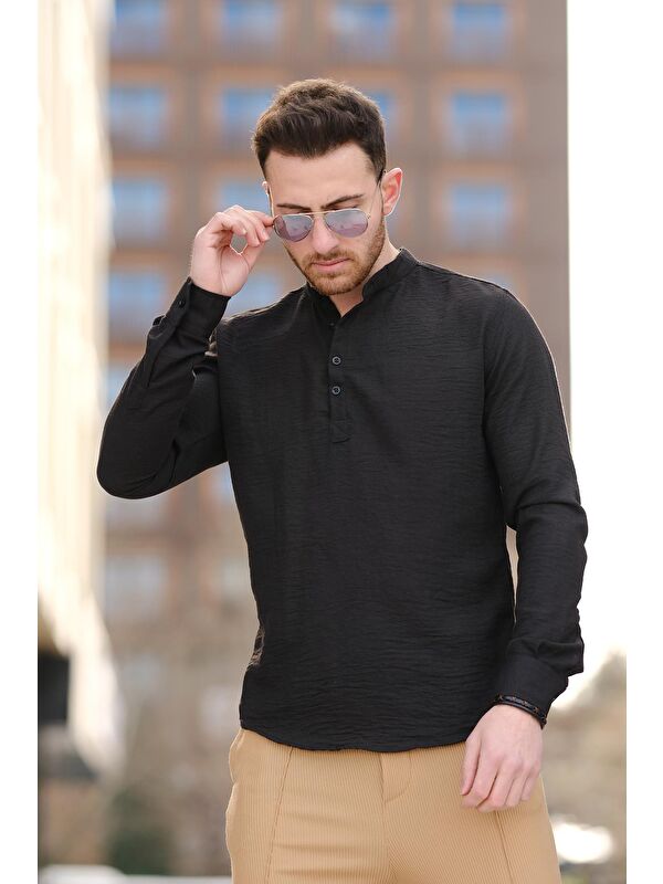 Oksit Zareh Slim Fit Kırınkıl Desen Yarım Pat Hakim Yaka Erkek Gömlek