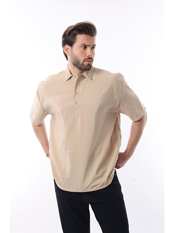 Madmext Bej Oversize Rahat Kesim Kısa Kollu Gömlek 6744