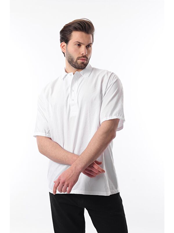 Madmext Beyaz Oversize Rahat Kesim Kısa Kollu Gömlek 6744