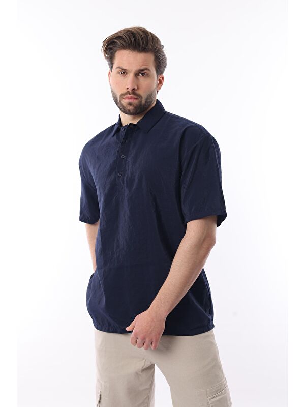 Madmext Lacivert Oversize Rahat Kesim Kısa Kollu Gömlek 6744