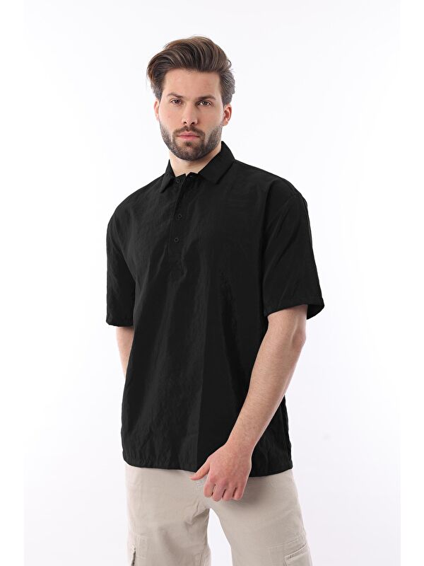 Madmext Siyah Oversize Rahat Kesim Kısa Kollu Gömlek 6744