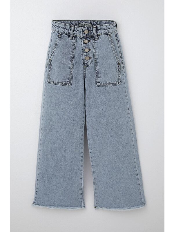 Breeze Kız Çocuk Jean Pantolon Geniş Paça Düğmeli Paçası Püskül Detaylı Açık Mavi (10-14 Yaş)