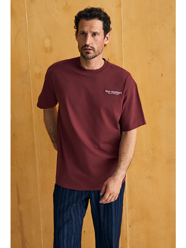 GRIMELANGE VALERON Erkek %100 Organik Pamuklu Yuvarlak Yakalı Baskı Detaylı Regular Fit BORDO T-Shirt