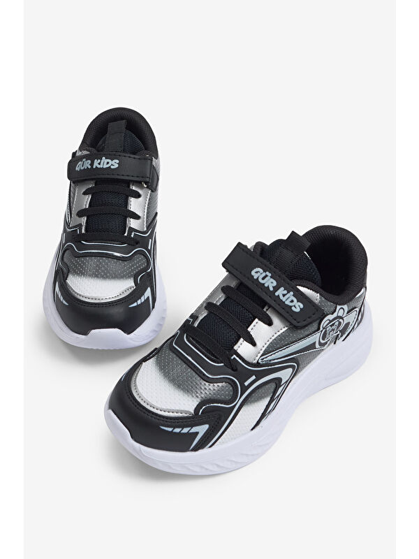 TONNY BLACK Çocuk Unisex Siyah Beyaz Eva Faylon Taban Çocuk Unısex Cırtlı Lastik Bağcıklı Spor Ayakkabı