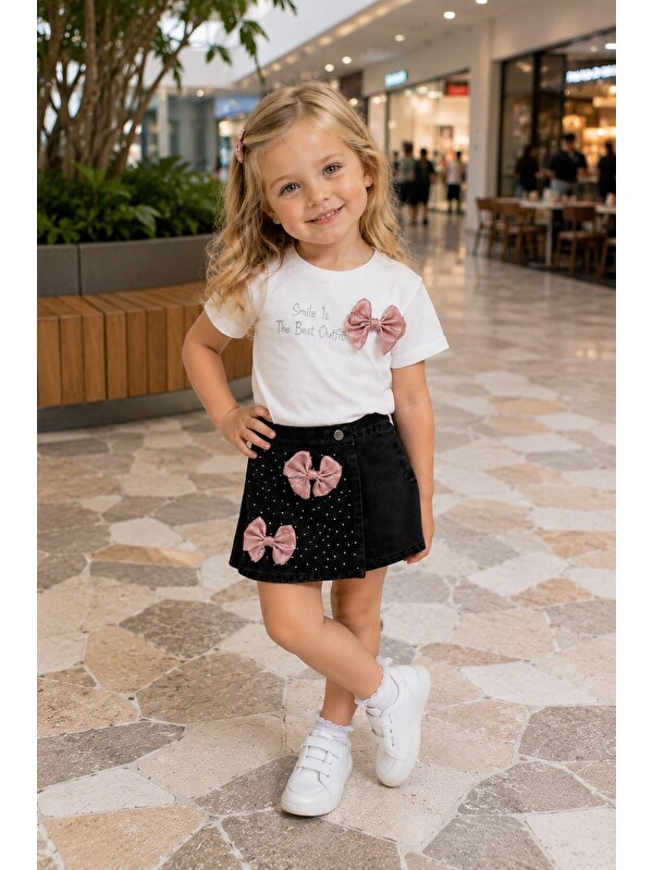 My Kids Wear Fiyonk Detaylı Kız Çocuk Tişört & Jean Etek Şort Takımı – Günlük Kombin 12754