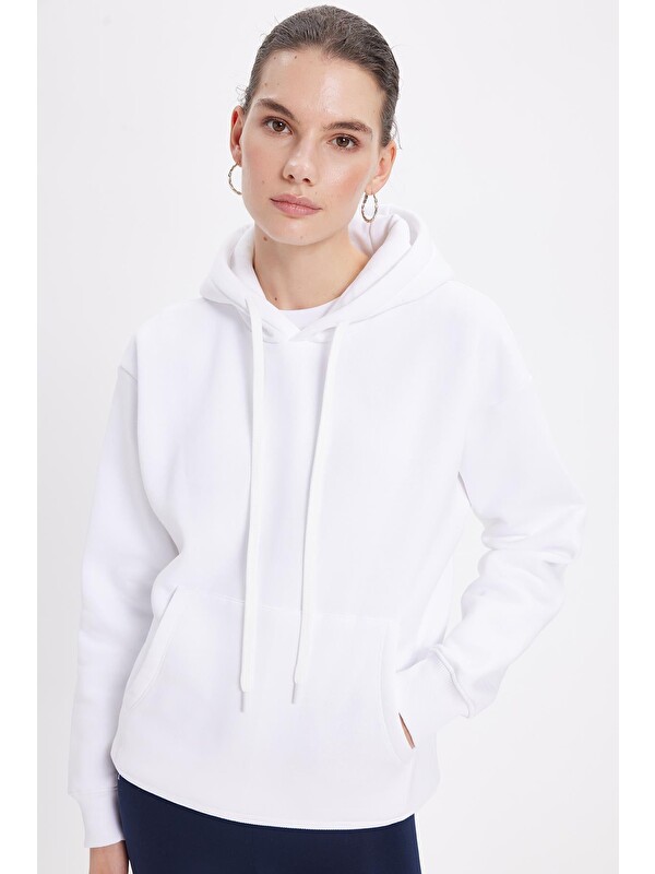 TUDORS Kadın Oversize Geniş Kesim Pamuklu Yumuşak Dokulu İçi Polarlı Basic Beyaz Kapüşonlu Sweatshirt