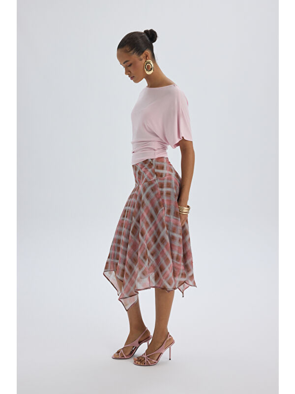 Mai Collection Amorette Asimetrik Ekoseli Pembe Midi Etek