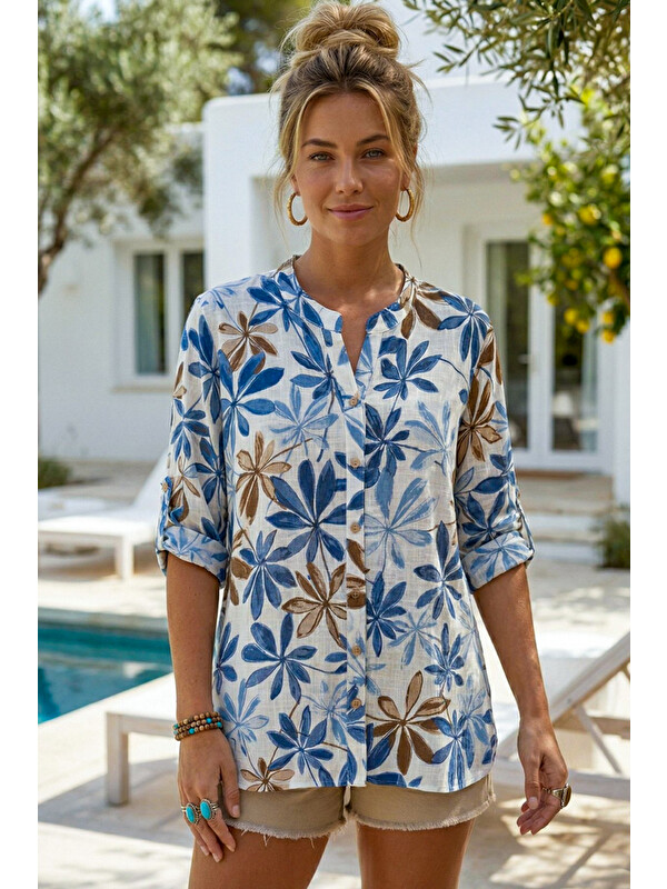 Chiccy Krem Hakim Yaka Düğmeli 3/4 Kol Çiçekli Yırtmaçlı Casual Pamuklu Oversize Dokuma Gömlek 73 60