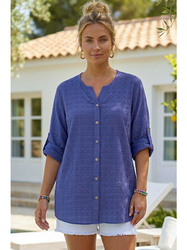 Chiccy Mor Hakim Yaka Düğmeli 3/4 Kol Brodeli Yırtmaçlı Casual Pamuklu Oversize Dokuma Gömlek 73 60