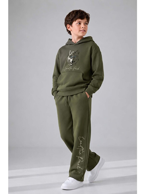 Riccotarz Erkek Çocuk Önü ve Arkası Çizim Baskılı Kapüşonlu Sweatshirt Yeşil Eşofman Takım