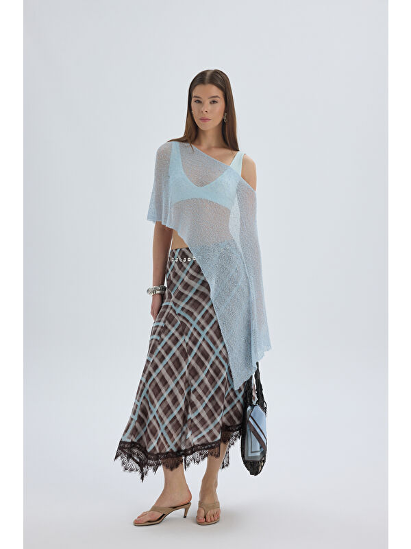 Mai Collection Maffy Dantel Detay Ekoseli Mavi Midi Etek