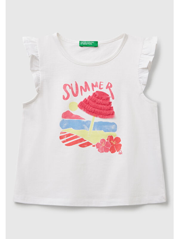United Colors Of Benetton Kız Çocuk Beyaz Mix Önü Baskılı Pile Kollu T-Shirt