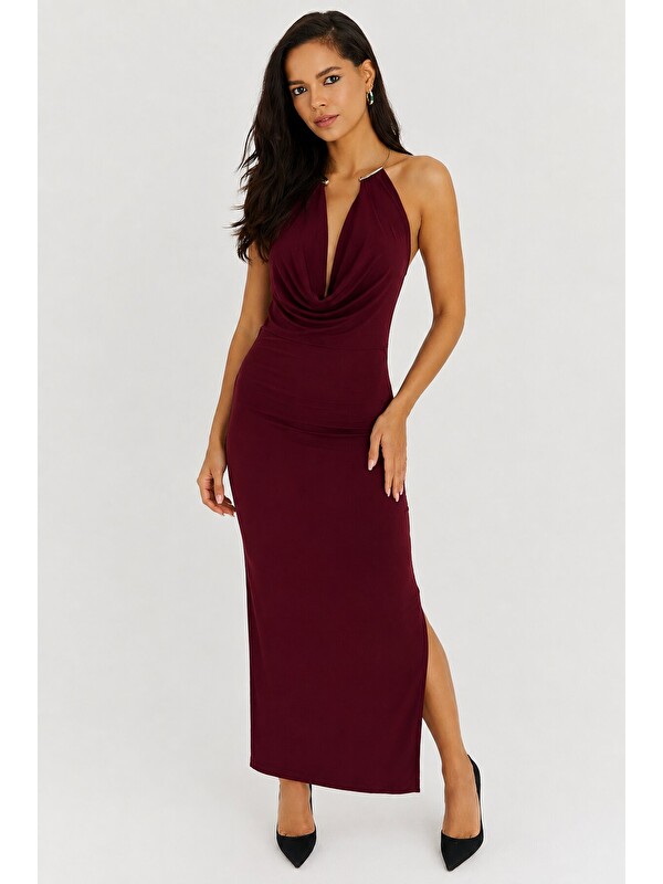 carla10 Gold Aksesuar Detaylı Degaje Yaka Bordo Maxi Elbise