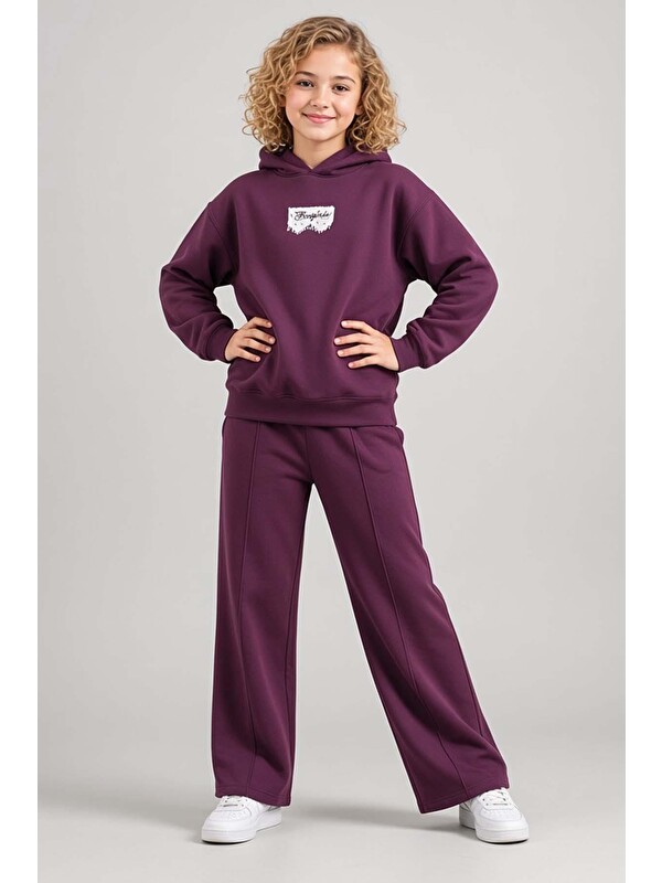 Riccotarz Kız Çocuk Üzeri Dantel Bonjour Yazı Detaylı Kapüşonlu Sweatshirt Bol Kesim Mürdüm Eşofman Takım