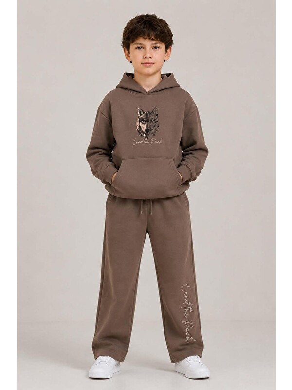 Riccotarz Erkek Çocuk Önü ve Arkası Çizim Baskılı Kapüşonlu Sweatshirt Kahverengi Eşofman Takım