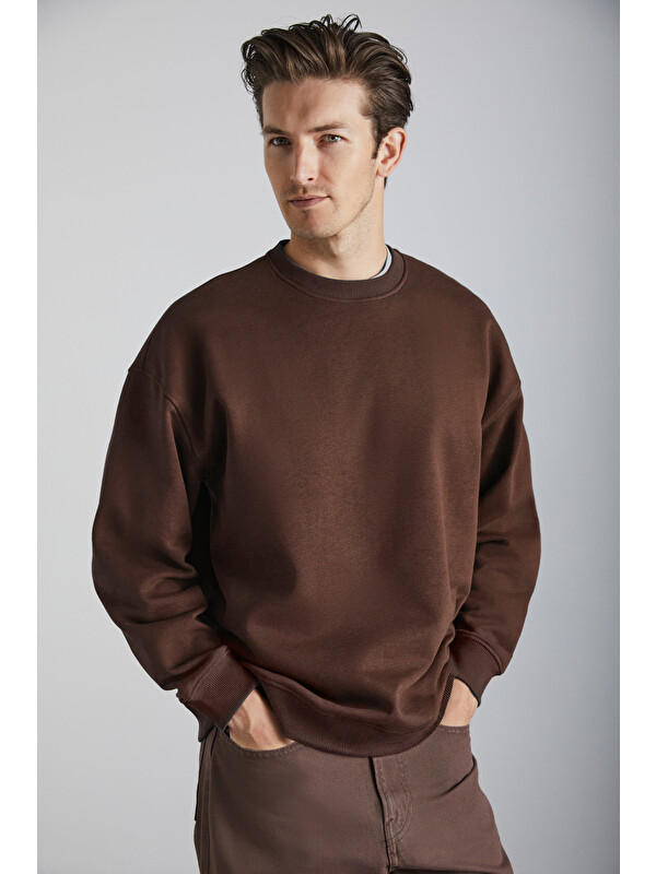 GRIMELANGE Stephan Erkek Yumuşacık Kumaşlı organik Pamuklu Oversize Fit Yuvarlak Yakalı KAHVERENGİ Sweatshirt