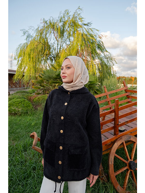 Locco Moda Kadın Kapüşonlu Triko Ceket Siyah