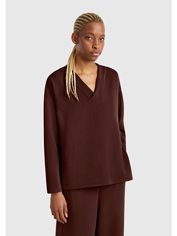 United Colors Of Benetton Kadın Kahverengi Modal Karışımlı V Yaka Uzun Kollu Sweatshirt