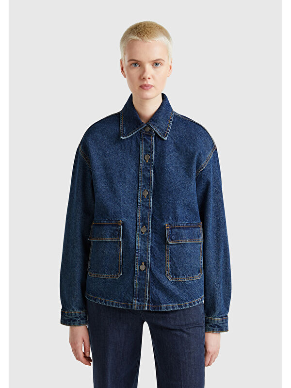 United Colors Of Benetton Kadın Koyu Mavi %100 Pamuk Cepli Düğmeli Oversize Denim Ceket