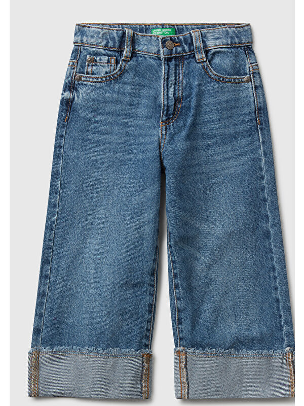 United Colors Of Benetton Kız Çocuk Koyu Mavi Logo İşleme Detaylı Paçası Kıvrık Wide Fit Denim Pantolon