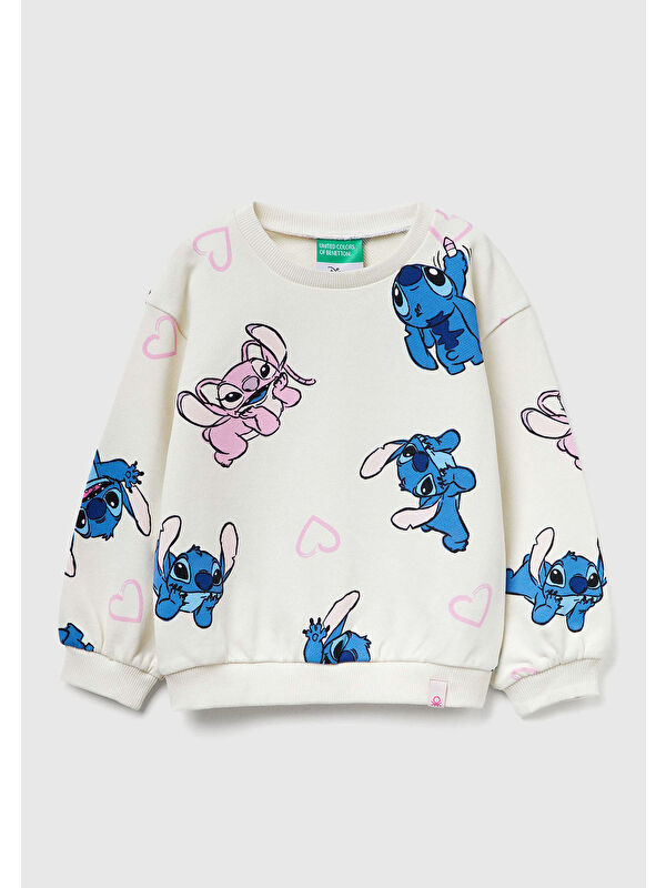 United Colors Of Benetton Kız Çocuk Ekru Mix Tamamı Baskılı Logo Etiketli Comfort Fit  Sweatshirt