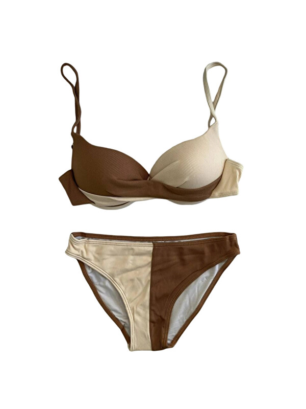 Hazelin Kadın Kahverengi Krem Renk Bloklu Astarlı Bikini Takımı HZL25S-LC214