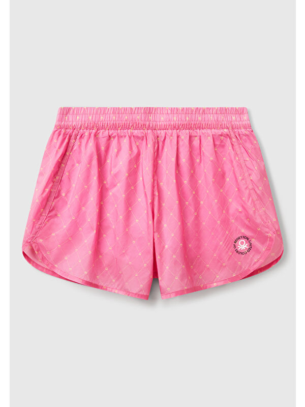 United Colors Of Benetton Kadın Pembe Desenli Beli Lastikli Wide Leg Şort