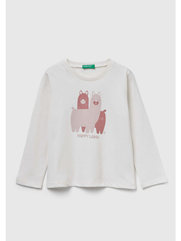United Colors Of Benetton Kız Çocuk Ekru Önü Baskılı Ribana Yakalı Regular Fit Sweatshirt