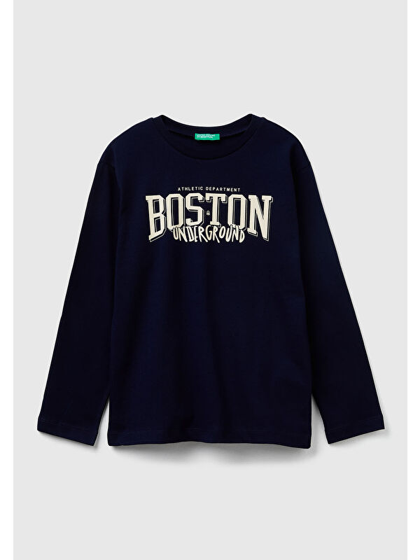 United Colors Of Benetton Erkek Çocuk Lacivert Önü Baskılı Bisiklet Yaka Uzun Kollu T-shirt