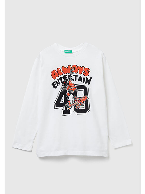 United Colors Of Benetton Erkek Çocuk Ekru Önü Baskılı Bisiklet Yaka Uzun Kollu T-shirt