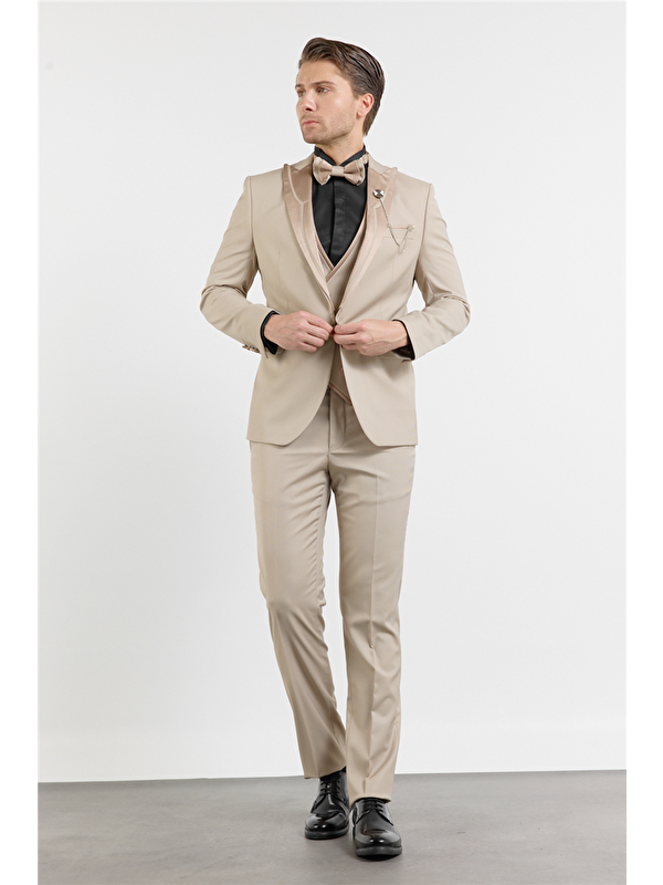 İMZA Bej Kılıç Yaka Çift Yırtmaç Esnek 6 Drop Slim Fit Damatlık Takım Elbise 1001250207