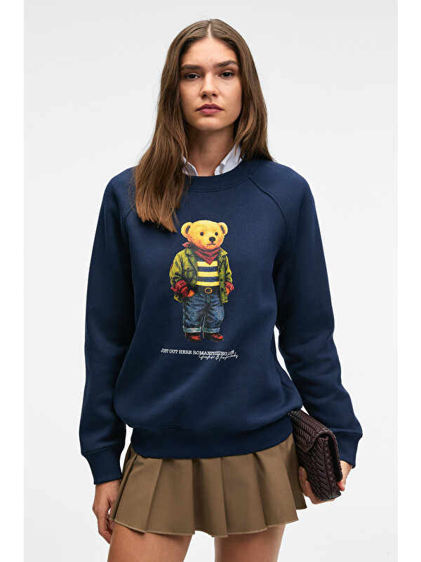 GRIMELANGE AELORIA Kadın Önü Baskılı Reglan Kol Oversize LACİVERT Sweatshirt