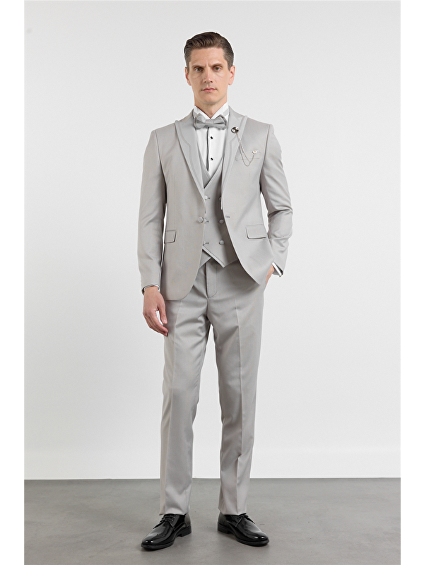İMZA Gri Kılıç Yaka Çift Yırtmaç Esnek 6 Drop Slim Fit Damatlık Takım Elbise 1001250205