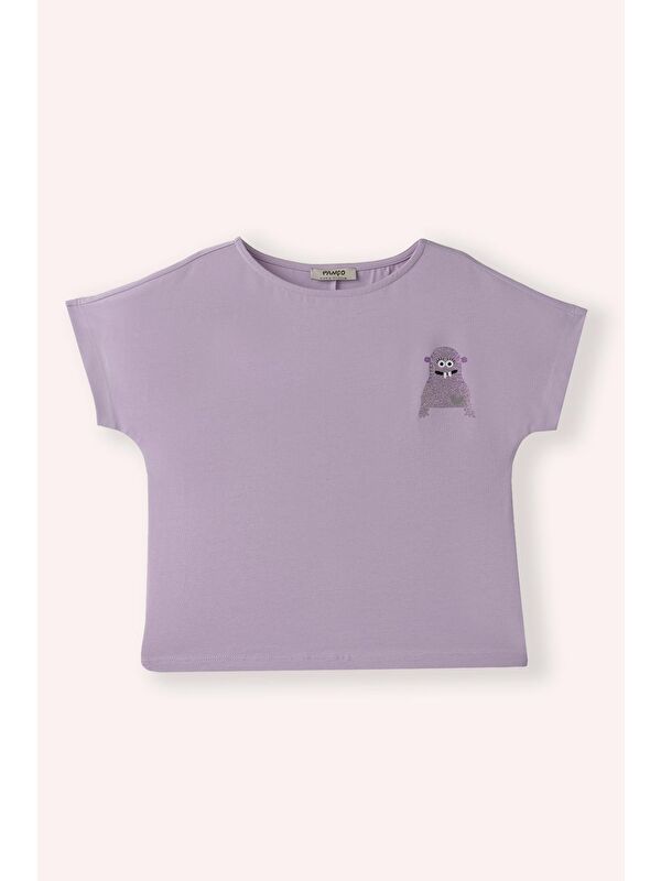 Panço Kız Çocuk Baskı Detaylı Kısa Kollu T-Shirt Lila