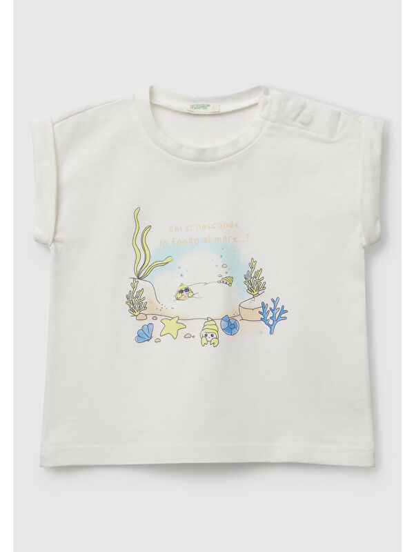 United Colors Of Benetton Bebek Beyaz Mix Önü Baskılı Manşetli T-Shirt