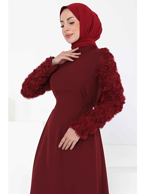 Tofisa Kolu Güllü Elbise Bordo - 27185