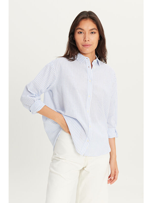 Wrangler Regular Fit Keten Karışımlı Çizgili Mavi Gömlek