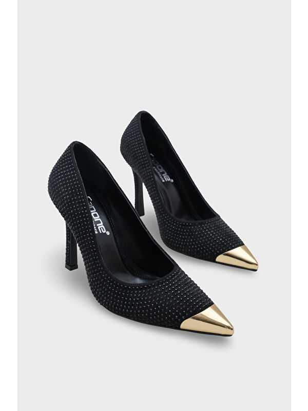 Capone Outfitters Siyah Capone Outfitters Olivia Taşlı Sivri Metal Burunlu Orta Topuklu Saten Abiye Stiletto