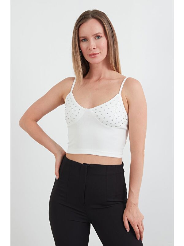 Fullamoda Taş İşlemeli Askılı Crop