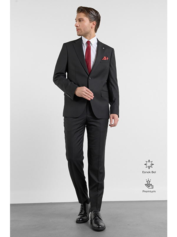 İMZA Siyah Mono Yaka Düz Desen 6 Drop Comfort Fit Esnek Bel Takım Elbise 1001260151