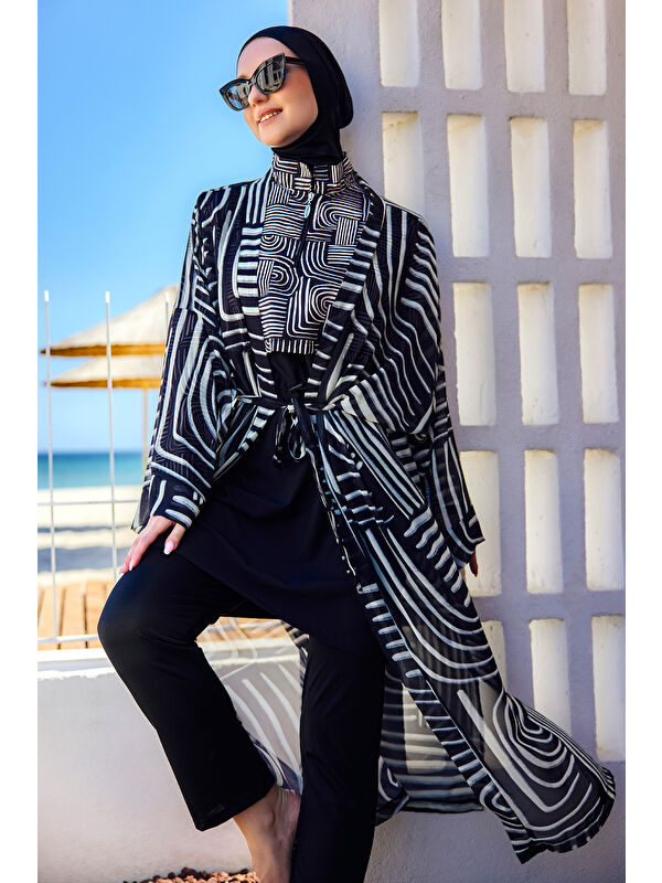 Remsa Mayo Remsa Tesettür Mayo Üzerine Tek Kaftan Kimono Pareo Siyah02 RP032 Labire