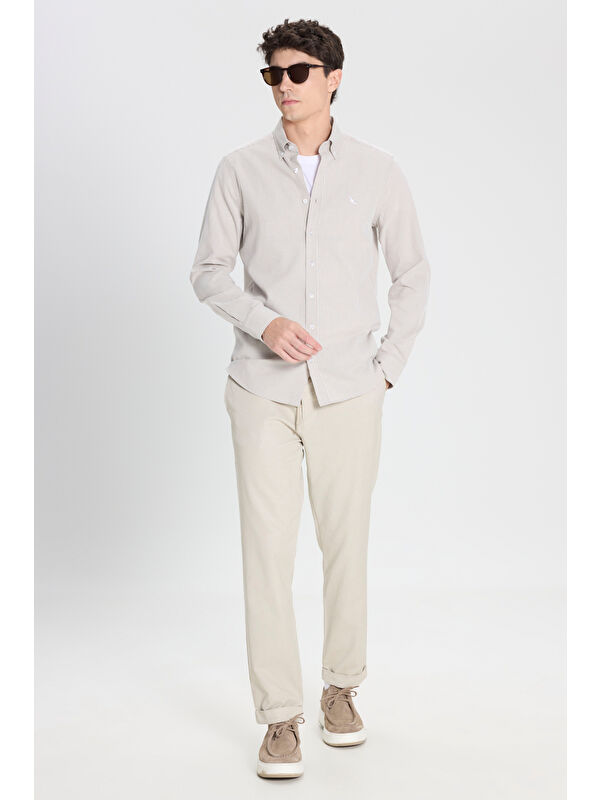 Altınyıldız Classics Erkek Bej Pamuklu Slim Fit Diagonal Desenli Pileli Yan Cep Casual Pantolon