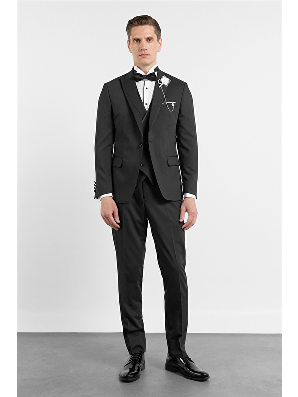 İMZA Siyah Kılıç Yaka Düz Desen 6 Drop Slim Fit Esnek Yelekli Takım Elbise 1001260290